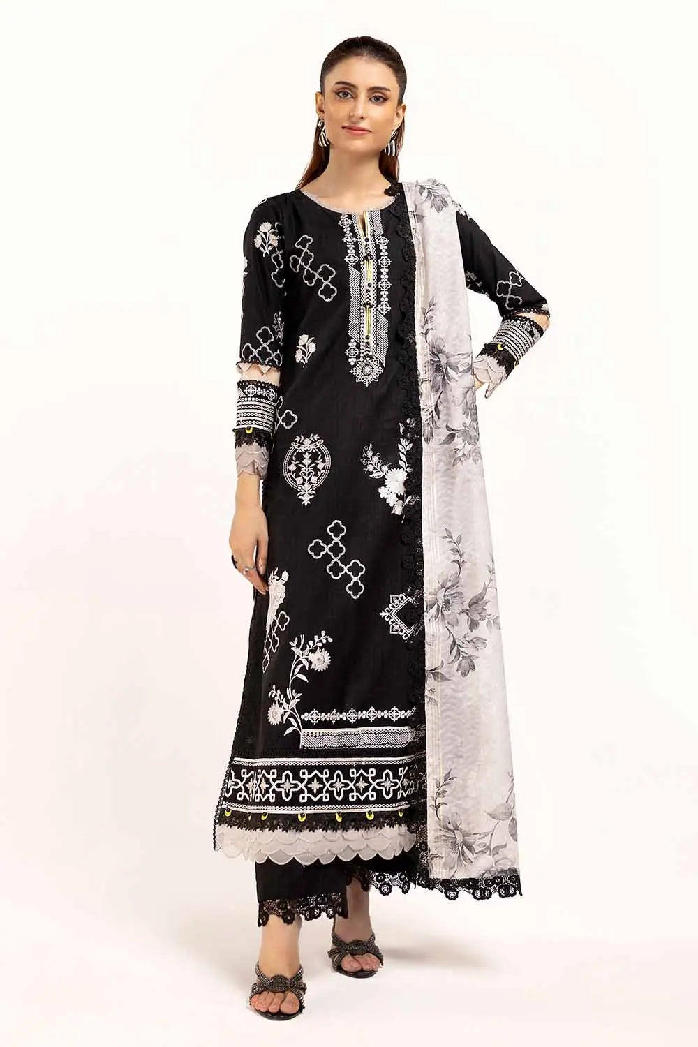 Gul Ahmed Original | 3 Piece Unstitched Embroidered Khaddar Suit with Printed Zari Jacquard Dupatta